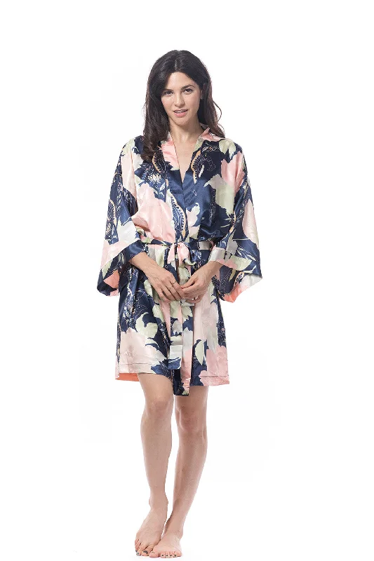 women's pajamas with cozy footiesNavy Blue Satin Peony Robe