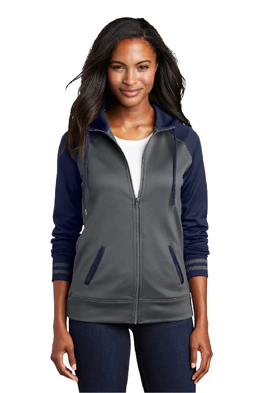 Women's Hooded Sweatshirts with Chevron LiningSport-Tek Womens Sport-Wick Moisture Wicking Fleece Hooded Sweatshirt Hoodie w/ Pockets - Dark Smoke Grey/Navy Blue