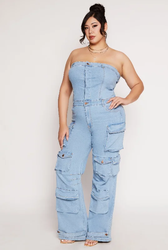 Women's Jumpsuits with Wide LegPlus Size Daisy Denim Strapless Utility Jumpsuit