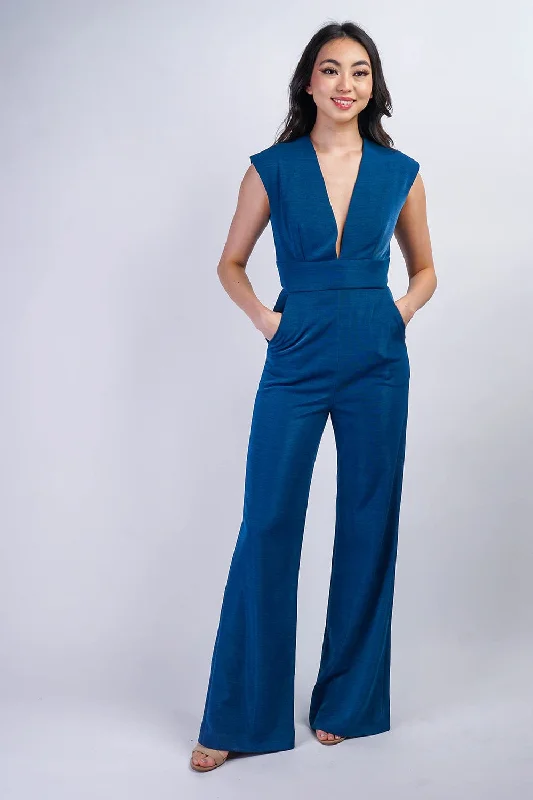 Women's Jumpsuits with Shawl CollarSapphire Blue Luxe V Neck Aiden Jumpsuit