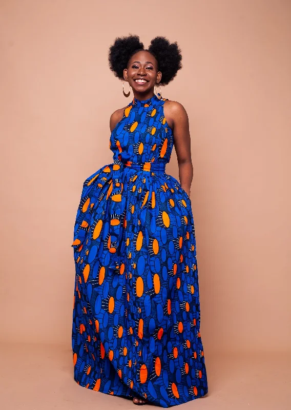 Women's Square-Back DressesAubrie Ankara Maxi Dress | Blue and Orange African Print