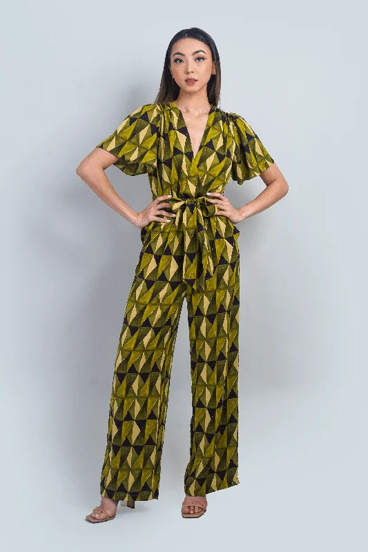 Women's Jumpsuits with Mid-LengthCitron Green Abstract Print Flutter Sleeve Jumpsuit