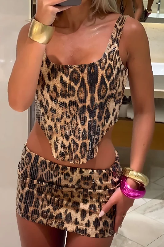 Leopard Print Sequin Low Neckline Skirt Set