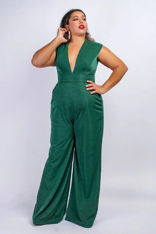 Women's Jumpsuits with High CollarEmerald Luxe Sheen V Neck Aiden Jumpsuit