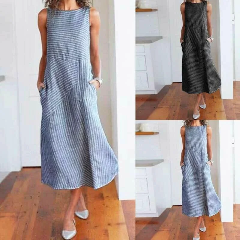 Women's Notched Collar DressesFashionSierra - Women Stripe Print Summer Bohemia Long Dress Ladies Casual Plus Size Pocket Loose Boho Beach Holiday Maxi Sundress