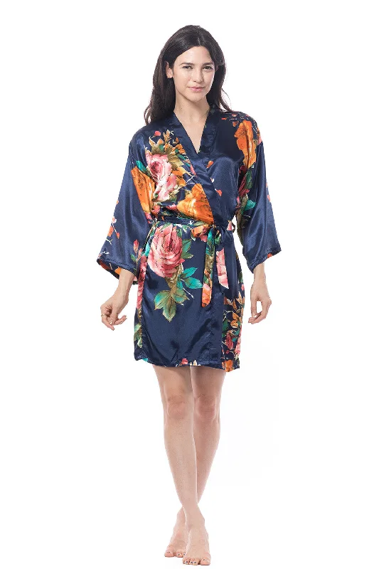 women's pajamas with a stylish cutNavy Blue Watercolor Rose Robe