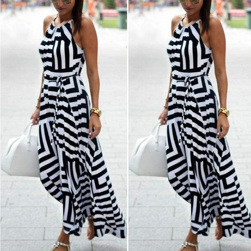 Women's V-Shaped Collar DressesFashionSierra - Women Ladies Maxi Boho Floral Long Dress Casual Summer Beach Long Dress Striped Sleeveless High Waist Dress New arrival Sundress