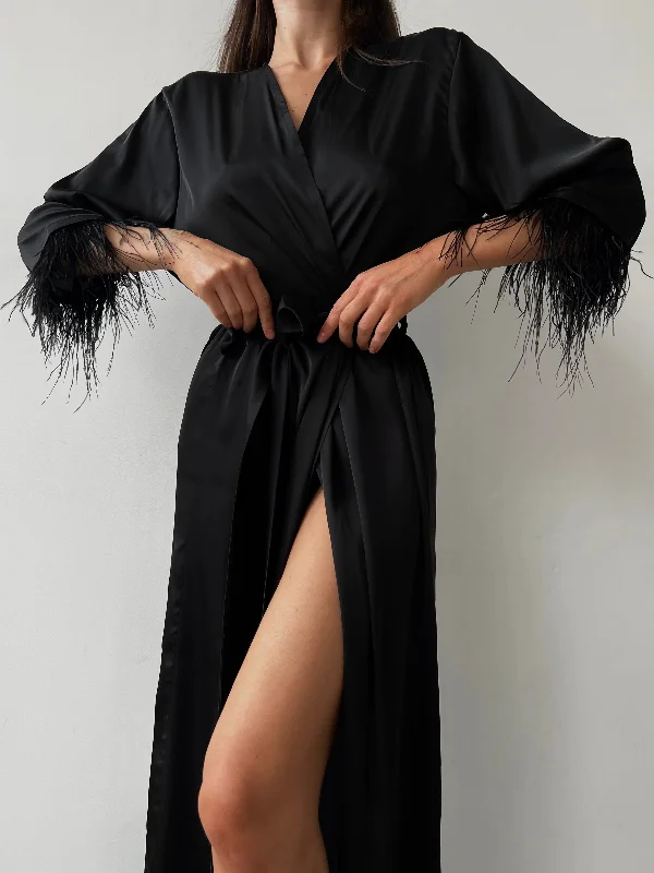 women's pajamas for gift-givingLong silky robe with feather sleeves