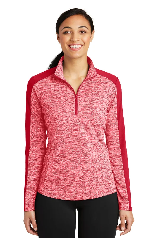 Women's Hooded Sweatshirts with Knit LiningSport-Tek Womens Electric Heather Moisture Wicking 1/4 Zip Sweatshirt - Deep Red Electric/Deep Red