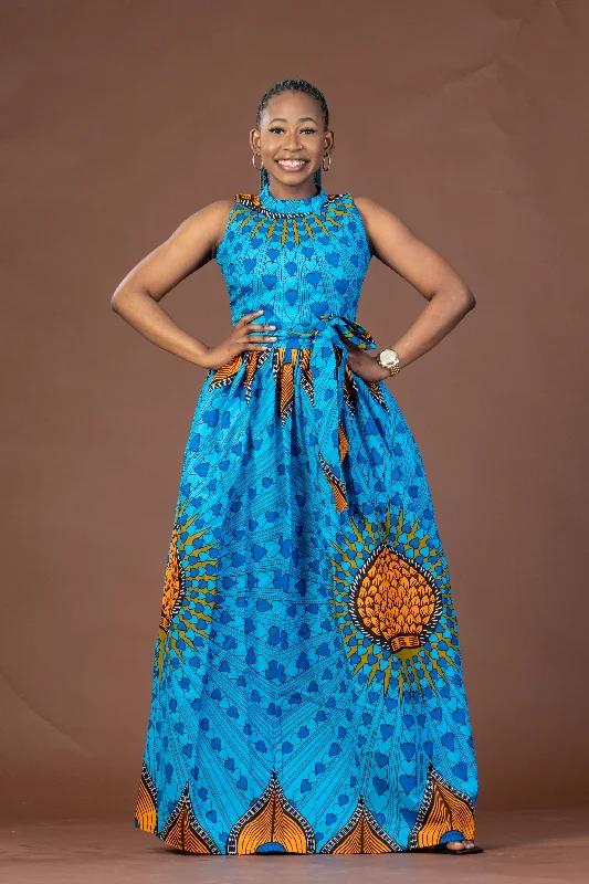 Women's High Collar DressesClara Ankara Maxi Dress | Blue African Print