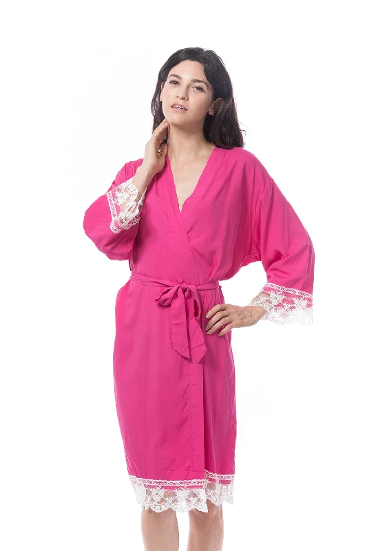 women's pajamas with drawstring waistCotton Lace Trim Robe Hot Pink