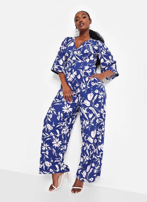 Women's Jumpsuits with Notched CollarDelphine Floral Flare Sleeve Jumpsuit - Navy