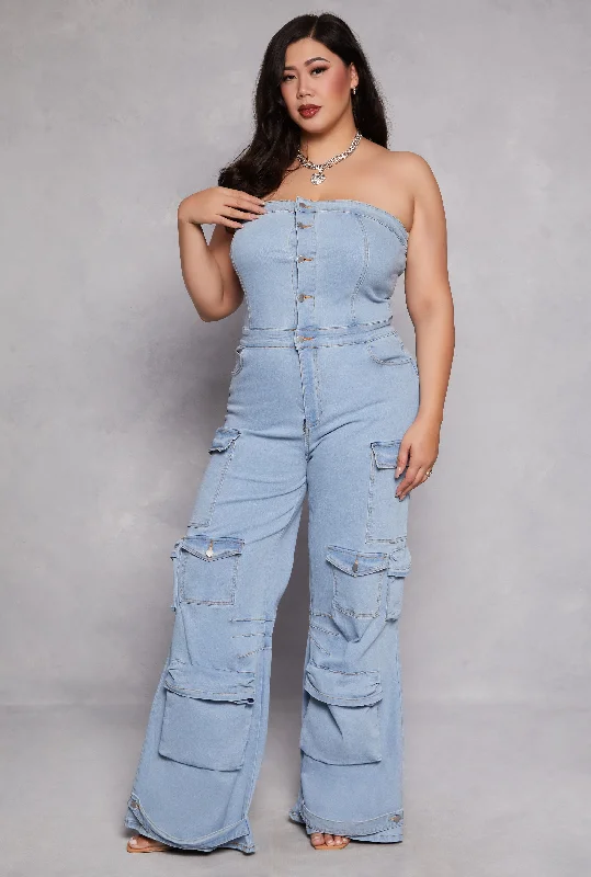 Women's Short-Sleeve JumpsuitsPlus Size Daisy Denim Strapless Cargo Jumpsuit