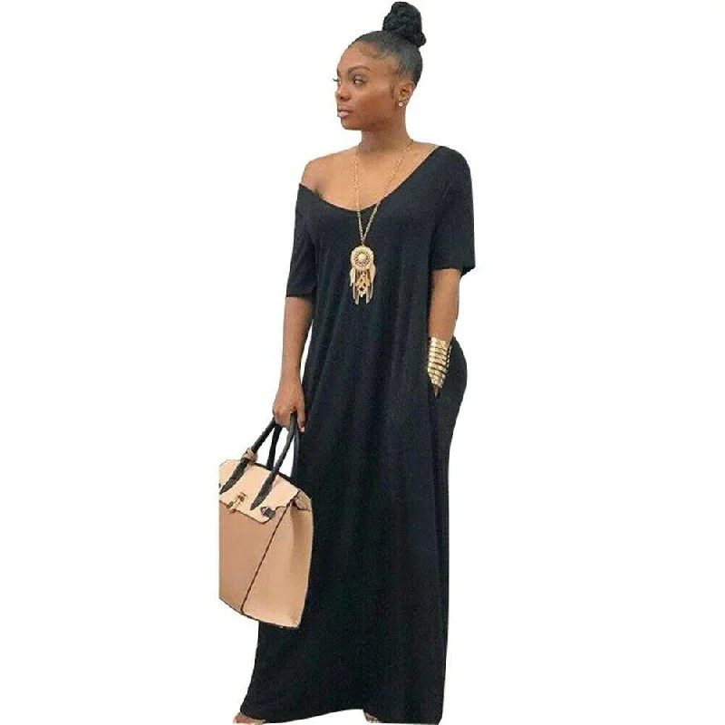 Women's Rounded Collar DressesFashionSierra - Women Summer Holiday Short Sleeve Baggy Off Shoulder Kaftan Maxi Oversized Dress Solid Casual Pocket Sundress