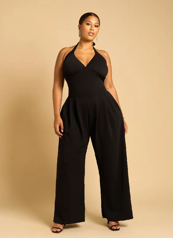 Women's Jumpsuits with Keyhole NeckAdelaine Drop Waist Wide Leg Jumpsuit w. Pockets - Black