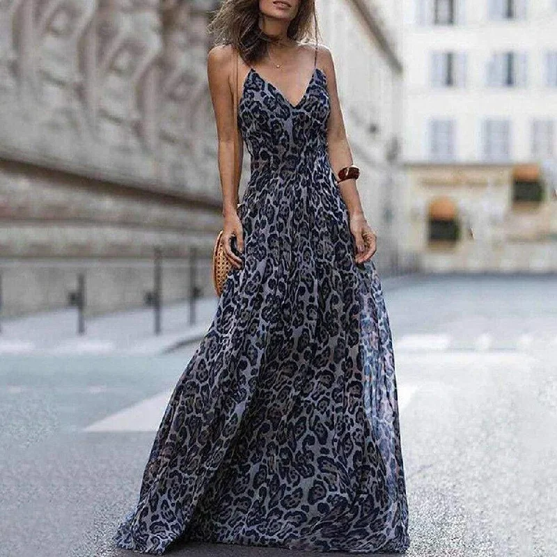 Women's Bodycon DressesFashionSierra - Women Leopard Print Sleeveless Maxi Long Dress Fashion Ladies Party V Neck Summer Beach Sexy Dress Sundress