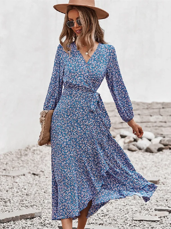 Women's Sweetheart Collar DressesBerriesJam - Bandage Belt China Blue Printed Maxi Dress