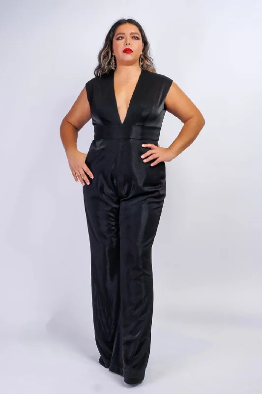 Women's Jumpsuits with Narrow CollarBlack Lux Sheen V Neck Aiden Jumpsuit