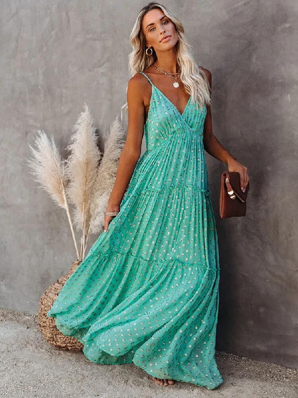 Women's V-Back DressesBerriesJam - 2024 Sleeveless V Neck Spaghetti Strap Summer Maxi Dress