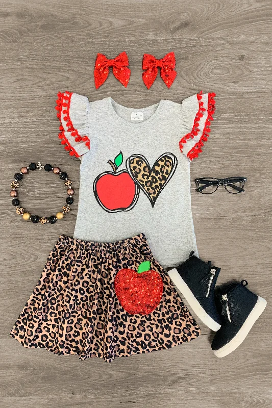 Red Sequin Apple & Cheetah Skirt Set