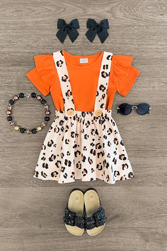 Orange & Cheetah Suspender Skirt Set