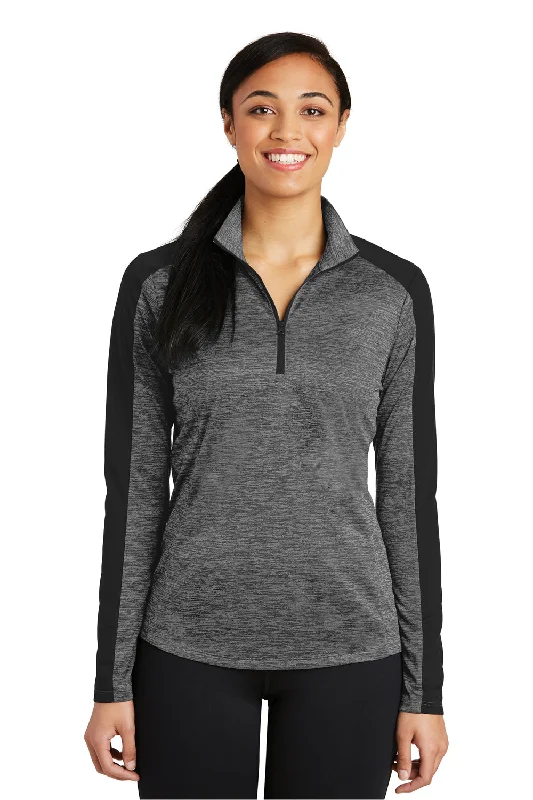 Women's Hooded Sweatshirts with Plaid LiningSport-Tek Womens Electric Heather Moisture Wicking 1/4 Zip Sweatshirt - Grey Black Electric/Black