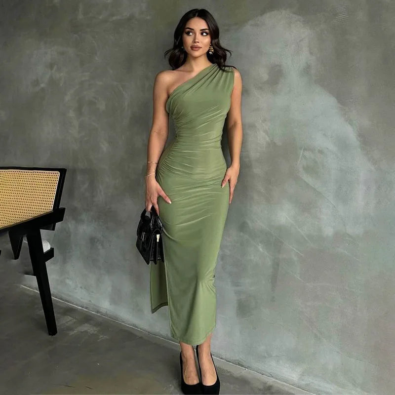 Women's Notched Collar DressesOne Shoulder Summer Elegant Sexy Sleeveless Ruched Charming Stylish Maxi Dress