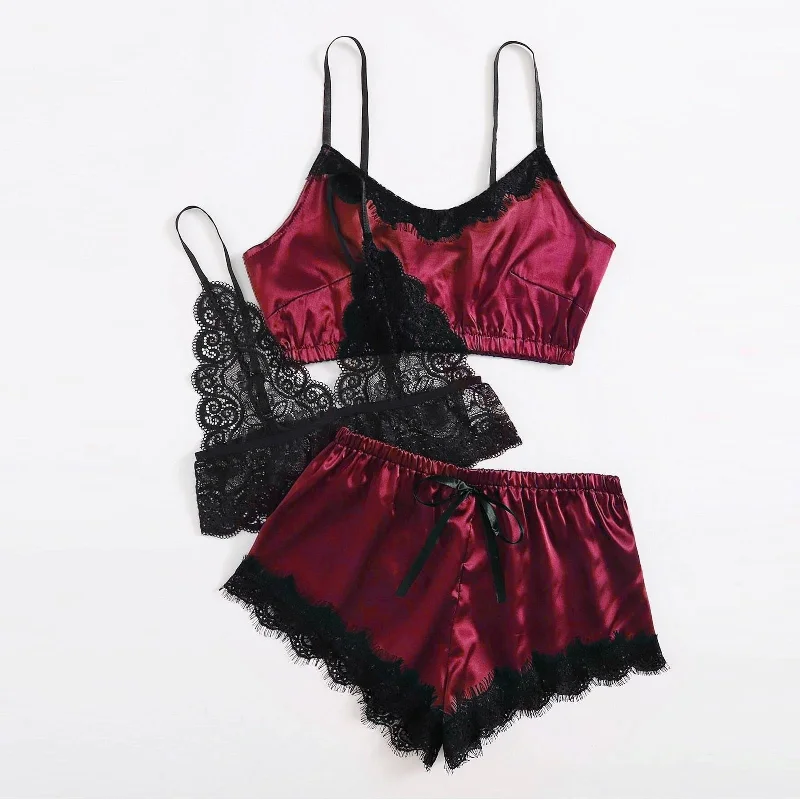 Red Moon - 3PC Satin Lace Sleepwear