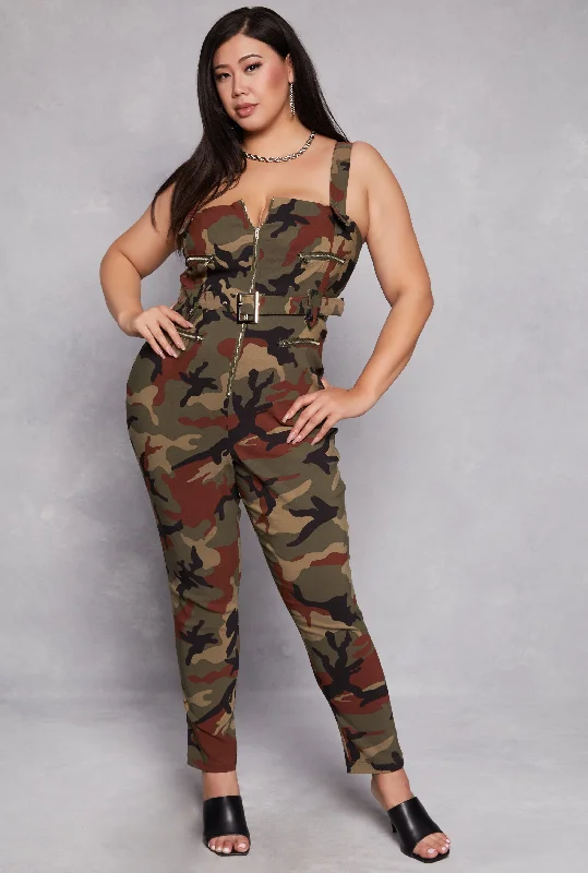 Women's Jumpsuits with Straight LegPlus Size Camouflage Belted Jumpsuit