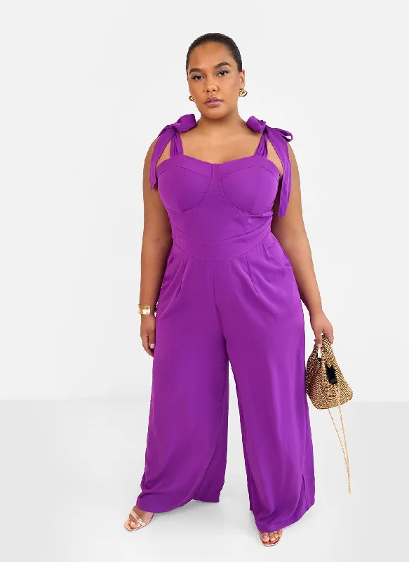 Women's Jumpsuits with Straight HemSelma Tie Strap Corset Wide Leg Jumpsuit - Purple