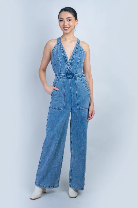 Women's Jumpsuits with Shirt CollarDenim V Neckline Jumpsuit