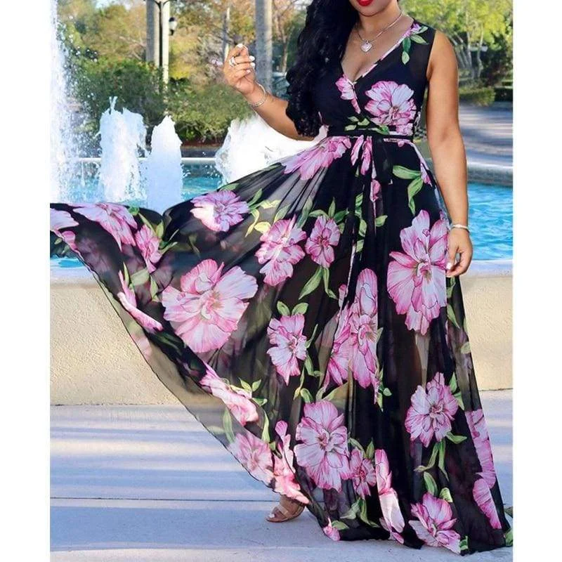 Women's Shirt Collar DressesFashionSierra - Boho Floral Long Maxi Dress