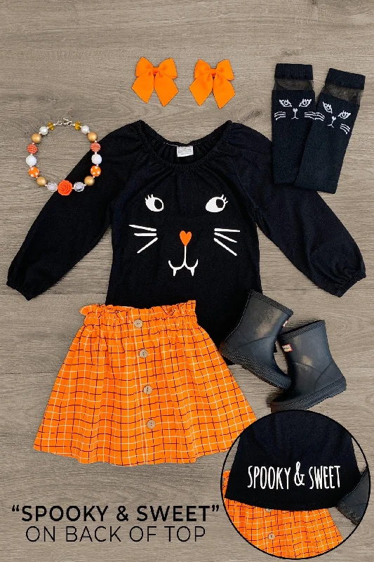 "Spooky & Sweet" Black Cat Orange Plaid Skirt Set