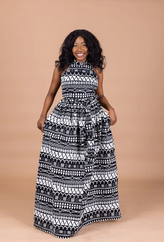 Women's One-Shoulder DressesAva Ankara Maxi Dress | Black and white African Tribal Print