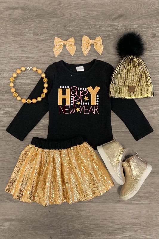 "Happy New Year" Gold Sequin Skirt Set