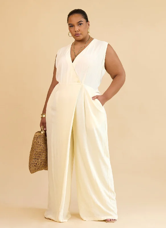 Women's Jumpsuits with V-Shaped HemAlia Linen Wrap Overlay Wide Leg Jumpsuit - Ivory