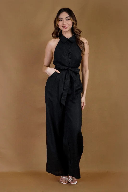 Women's Sleeveless JumpsuitsBlack Linen Halter Jumpsuit