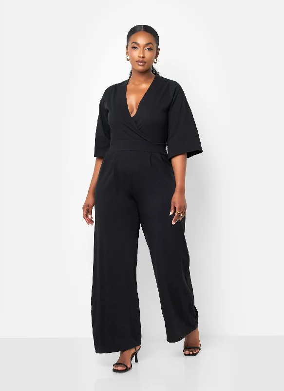 Women's Jumpsuits with Mandarin CollarKarma Pleated Wide Leg Jumpsuit - Black