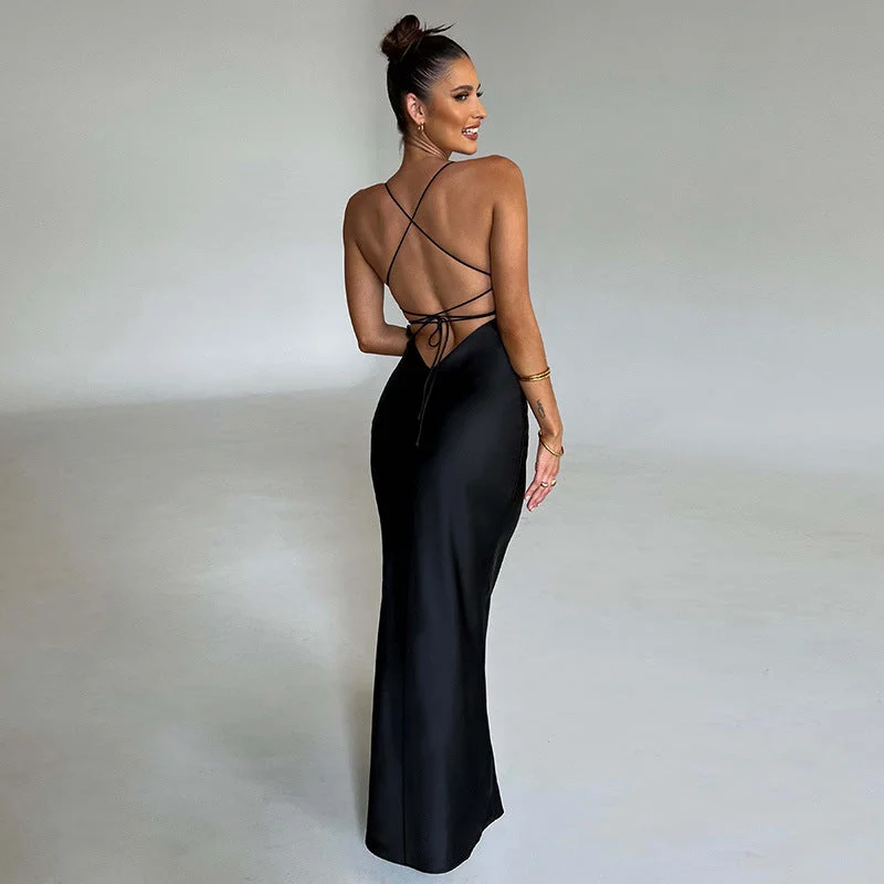 Women's High Collar DressesBerriesJam - Sexy Lace Up Backless Bandage Party Maxi Dress