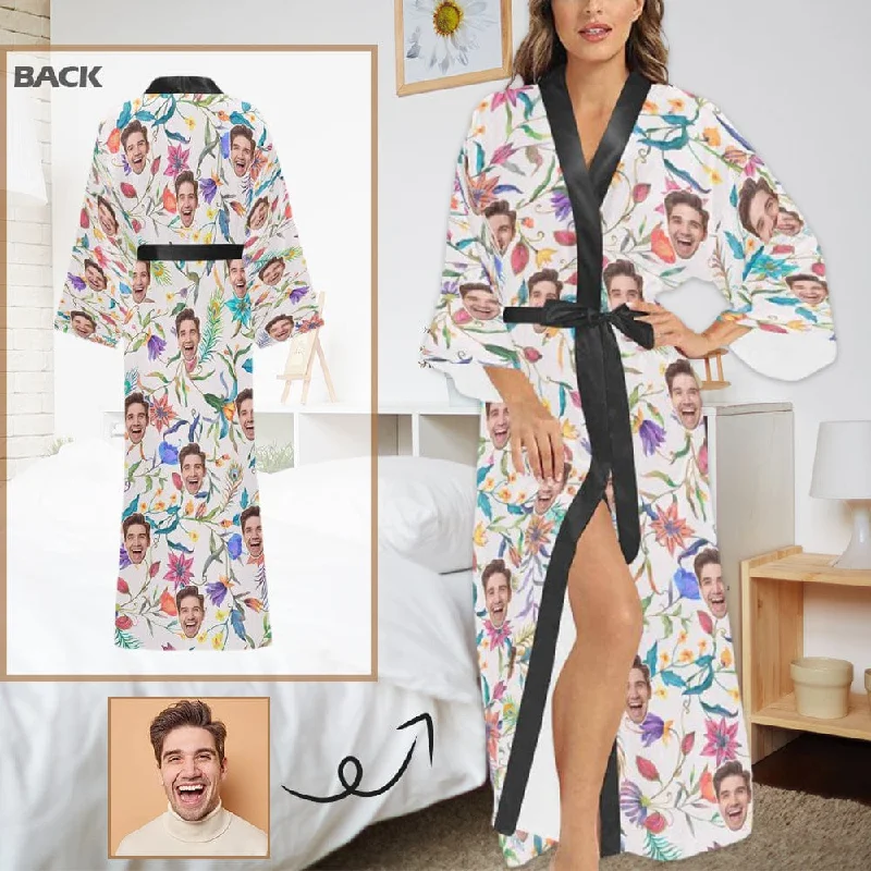 women's pajamas with built-in braCustom Face Colorful Flower Women's Long Pajamas Personalized Photo Long Pajamas Kimono Robe