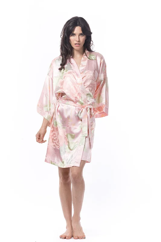 women's short sleeve pajama setsPink Satin Peony Robe