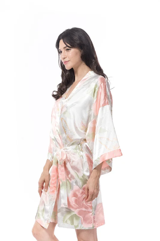 women's pajamas for ultimate relaxationOff White Satin Peony Robe