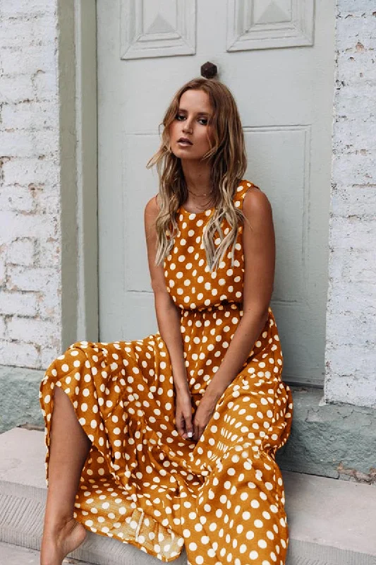 Women's Sleeveless DressesBerriesJam - 2024 Sleeveless Yellow Polka Dot A Line Maxi Dress