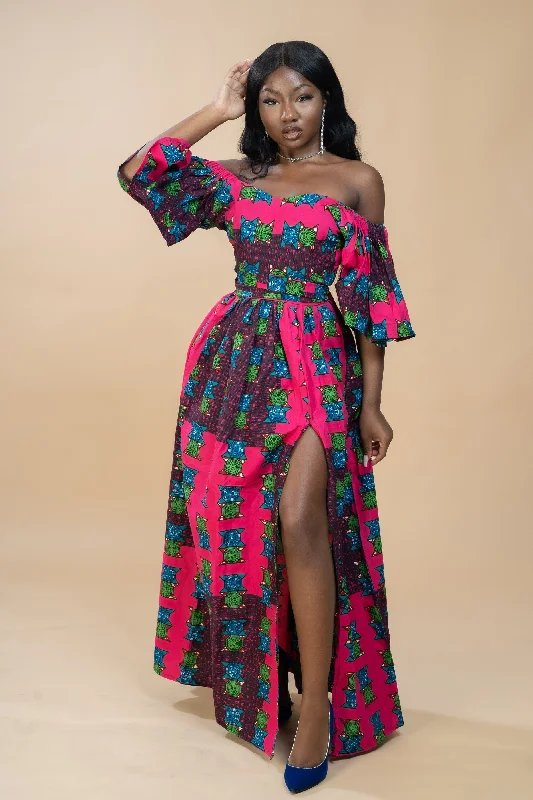 Women's Keyhole-Neck DressesTolu Ankara Off shoulder Maxi Dress | Pink and Green African Print