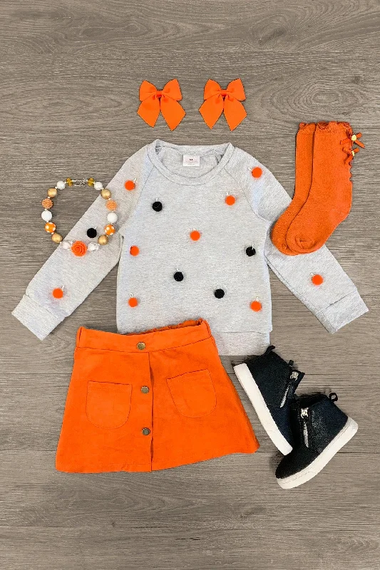 Orange & Gray Pom Pom Suede Skirt Set