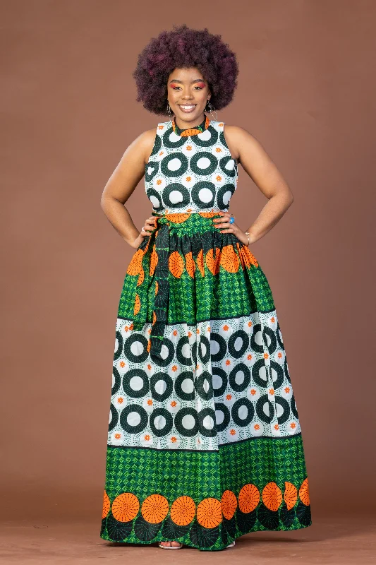 Women's Sweetheart Collar DressesCecilia Ankara Maxi Dress | Green and White African Print