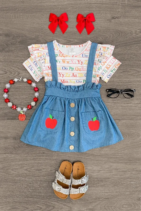 Alphabet Denim Suspender Skirt Set