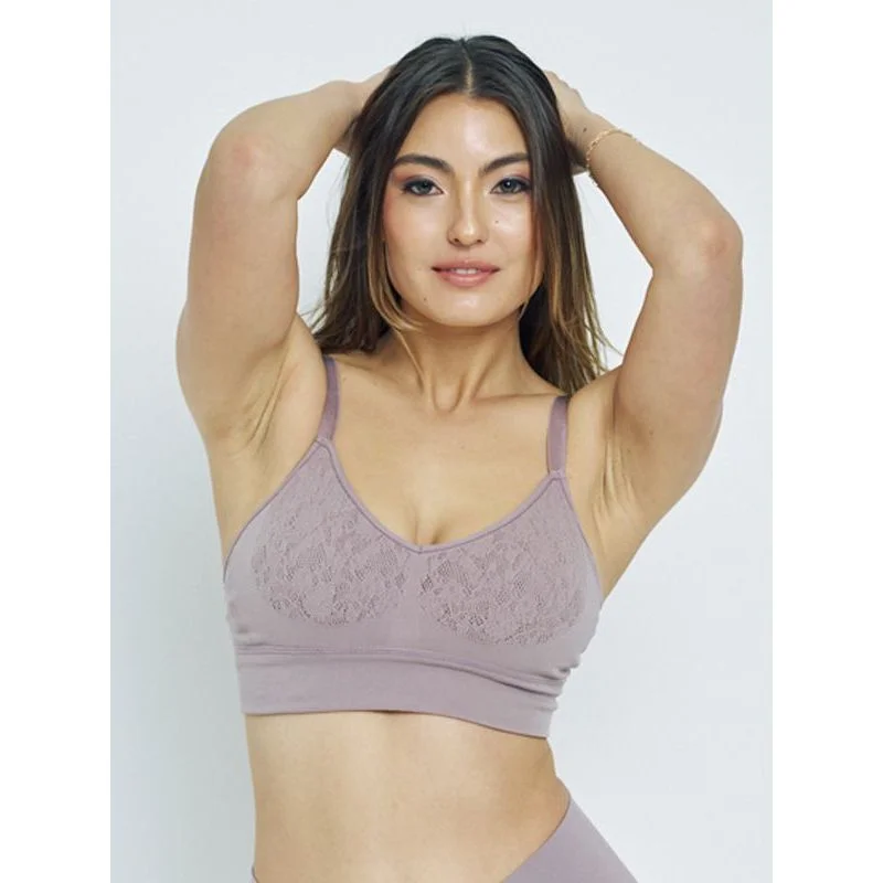 plus-size demi-cup bra with lace overlayThe Mid V Lined Wirefree Bra