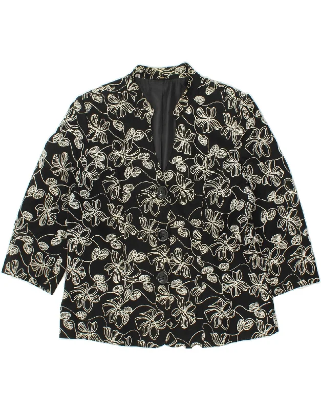 Women's Coats with Fur Trimmed SleevesEWM Womens 3 Button 3/4 Sleeve Blazer Jacket UK 14 Medium  Black Floral