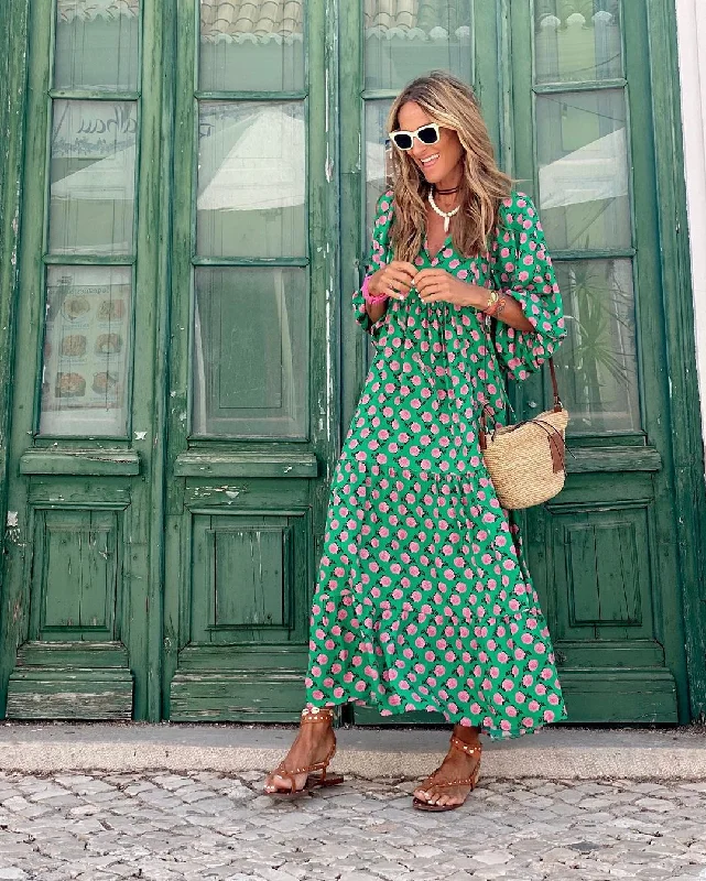 Women's Wide-Neck DressesBerriesJam - 2024 Puff Sleeve Boho Floral Maxi Dress